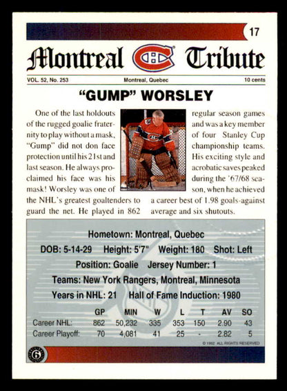 1992 Ultimate #017 Gump Worsley Canadiens Signed Autographed 558039