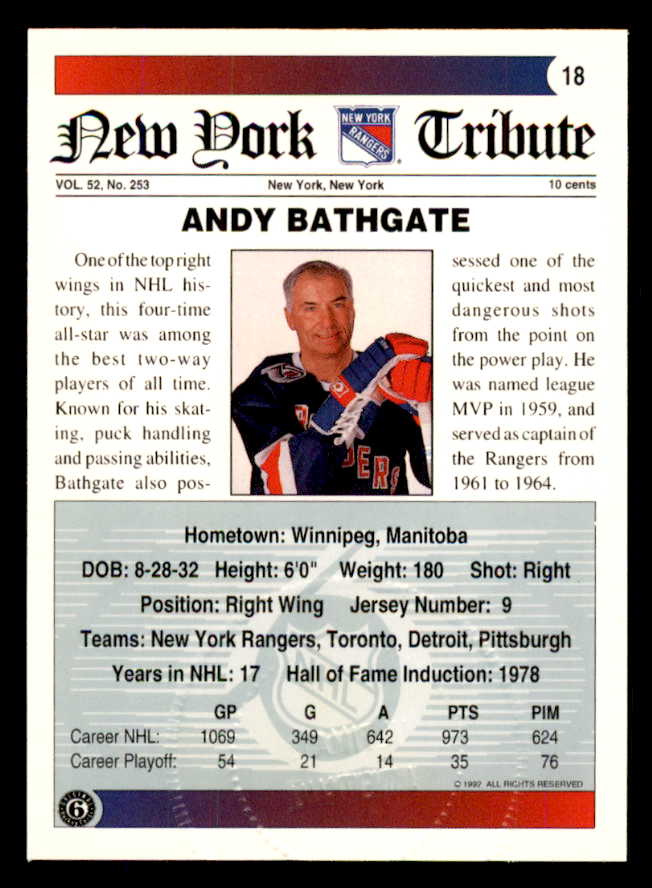 1992 Ultimate #018 Andy Bathgate Rangers Signed Autographed 558040