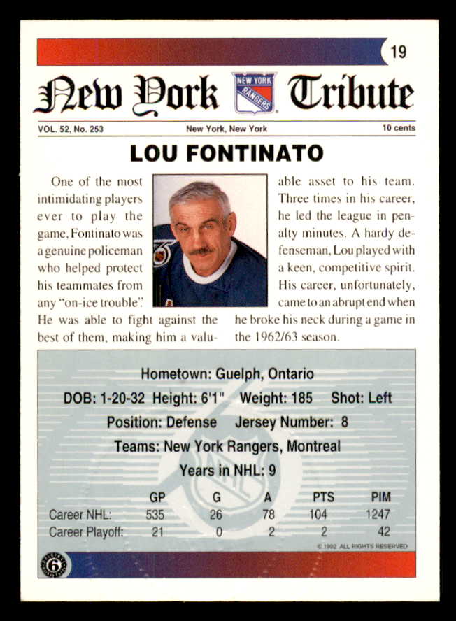 1992 Ultimate #019 Lou Fontinato Rangers Signed Autographed 558041