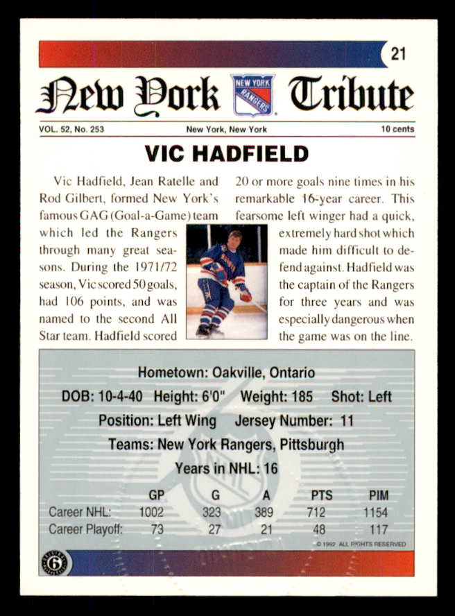 1992 Ultimate #021 Vic Hadfield Rangers Signed Autographed 558043