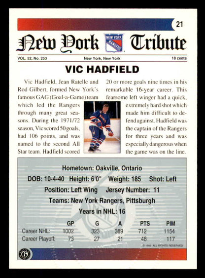 1992 Ultimate #021 Vic Hadfield Rangers Signed Autographed 558043
