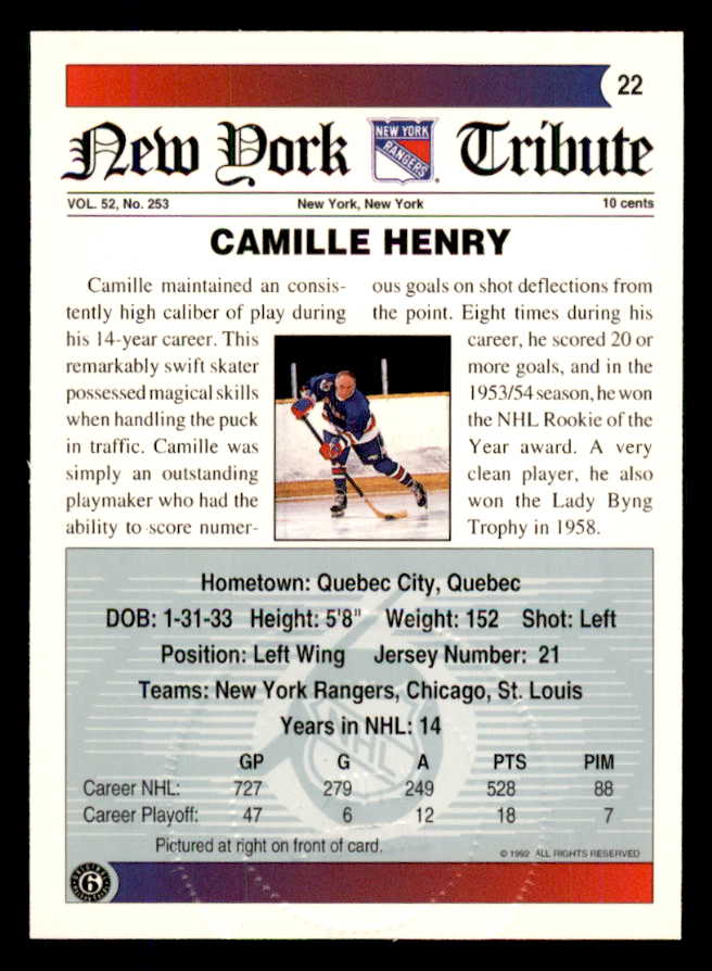 1992 Ultimate #022 Camille Henry Rangers Signed Autographed 558044