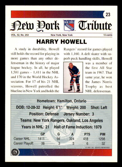 1992 Ultimate #023 Harry Howell Rangers Signed Autographed 558045