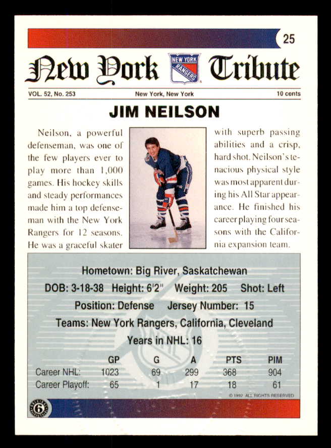 1992 Ultimate #025 Jim Neilson Rangers Signed Autographed 558047