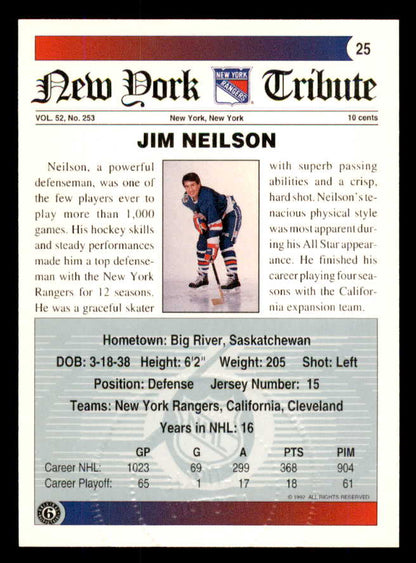 1992 Ultimate #025 Jim Neilson Rangers Signed Autographed 558047