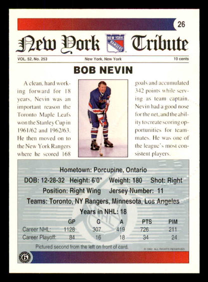 1992 Ultimate #026 Bob Nevin Rangers Signed Autographed 558048