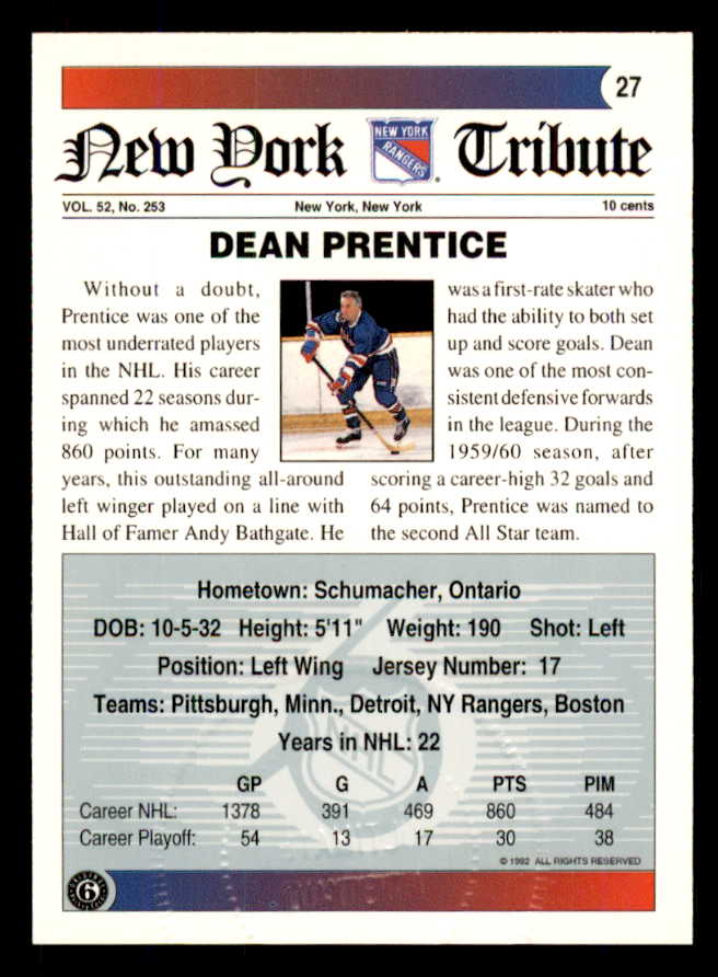 1992 Ultimate #027 Dean Prentice Rangers Signed Autographed 558049