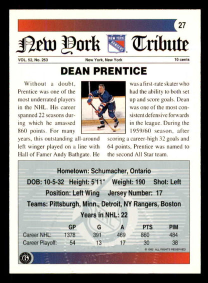 1992 Ultimate #027 Dean Prentice Rangers Signed Autographed 558049