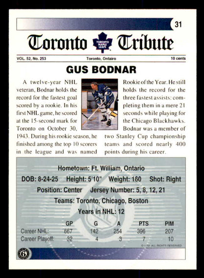 1992 Ultimate #031 Gus Bodnar Maple Leafs Signed Autographed 558052