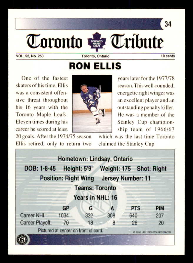 1992 Ultimate #034 Ron Ellis Maple Leafs Signed Autographed 558054