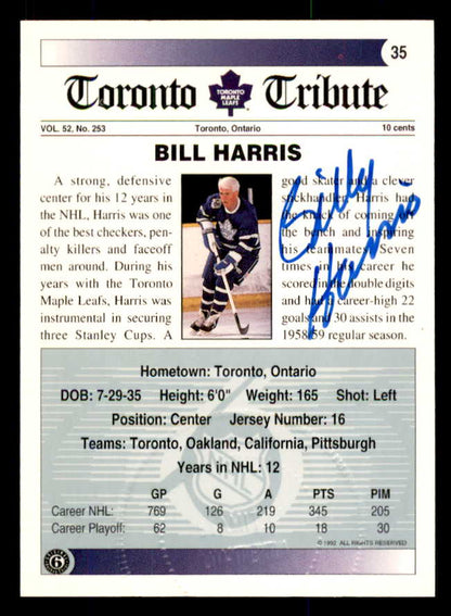 1992 Ultimate #035 Bill Harris Maple Leafs Signed Autographed 558055