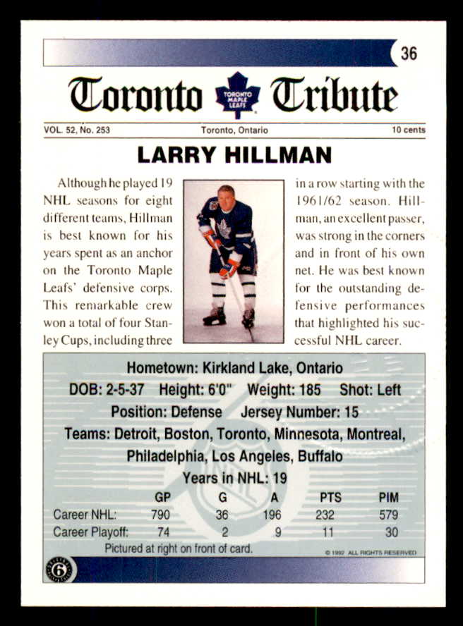1992 Ultimate #036 Larry Hillman Maple Leafs Signed Autographed 558056