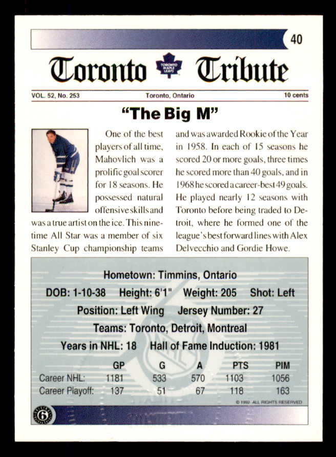 1992 Ultimate #040 Frank Mahovlich Maple Leafs Signed Autographed 558058