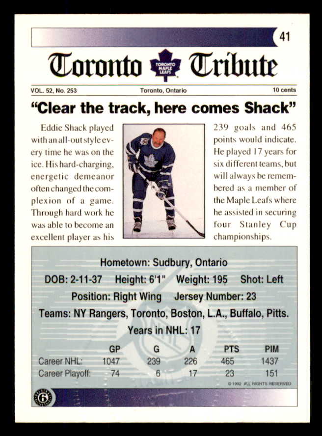1992 Ultimate #041 Eddie Shack Maple Leafs Signed Autographed 558059