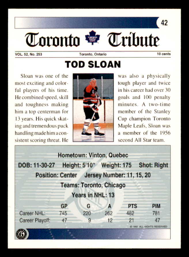 1992 Ultimate #042 Tod Sloan Maple Leafs Signed Autographed 558060