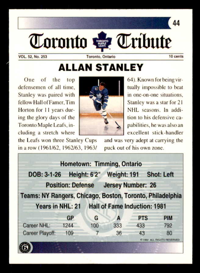 1992 Ultimate #044 Allan Stanley Maple Leafs Signed Autographed 558062