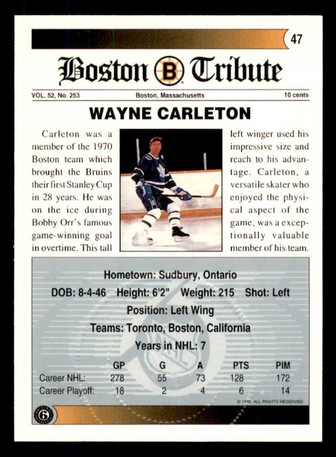 1992 Ultimate #047 Wayne Carleton Bruins Signed Autographed 558065