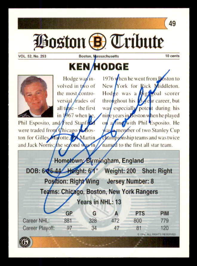 1992 Ultimate #049 Ken Hodge Bruins Signed Autographed 558067