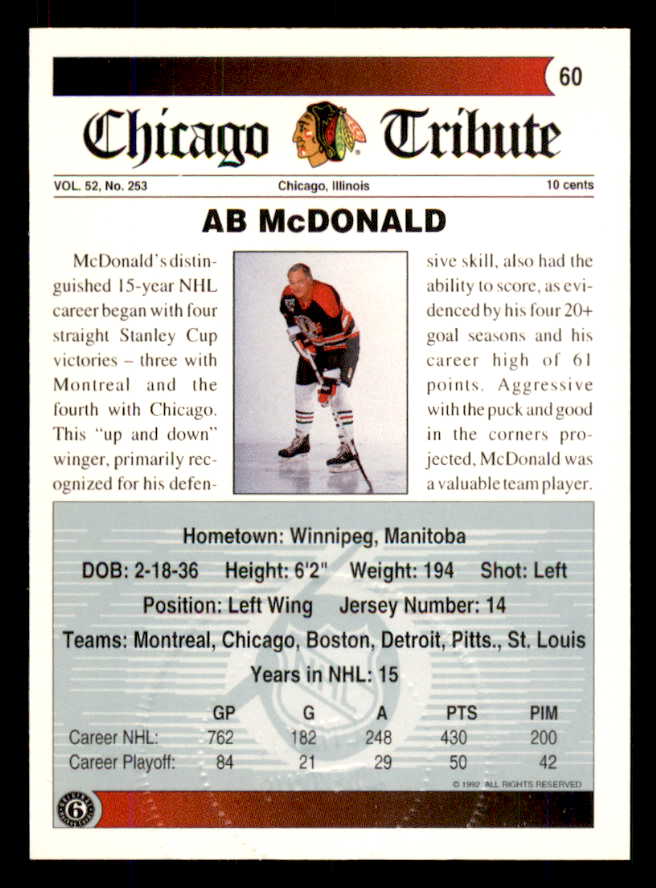 1992 Ultimate #060 Ab McDonald Black Hawks Signed Autographed 558075