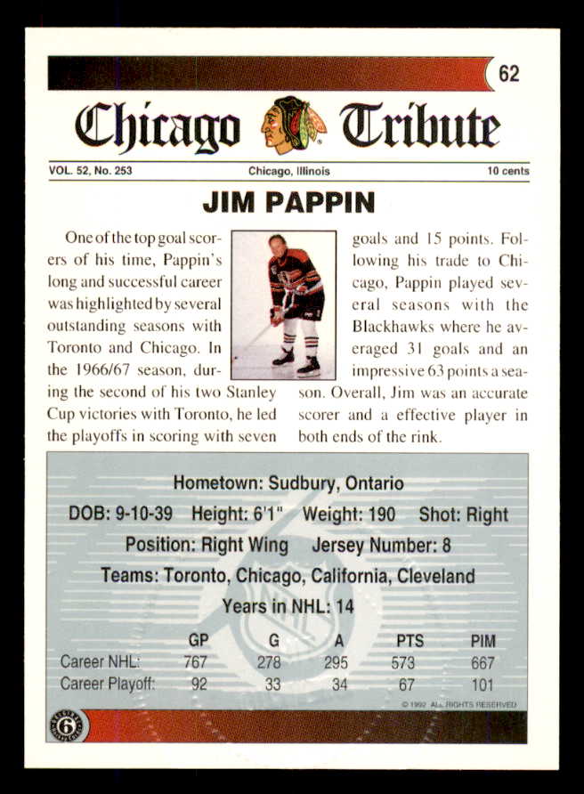 1992 Ultimate #062 Jim Pappin Black Hawks Signed Autographed 558077