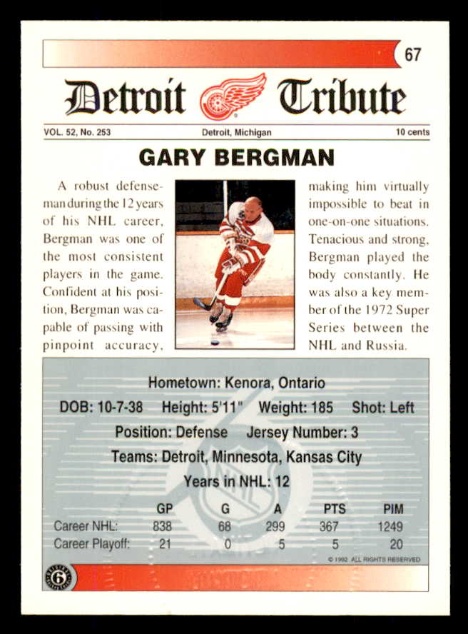 1992 Ultimate #067 Gary Bergman Red Wings Signed Autographed 558081