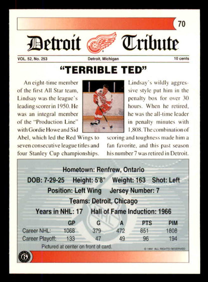 1992 Ultimate #070 Ted Lindsay Red Wings Signed Autographed 558084