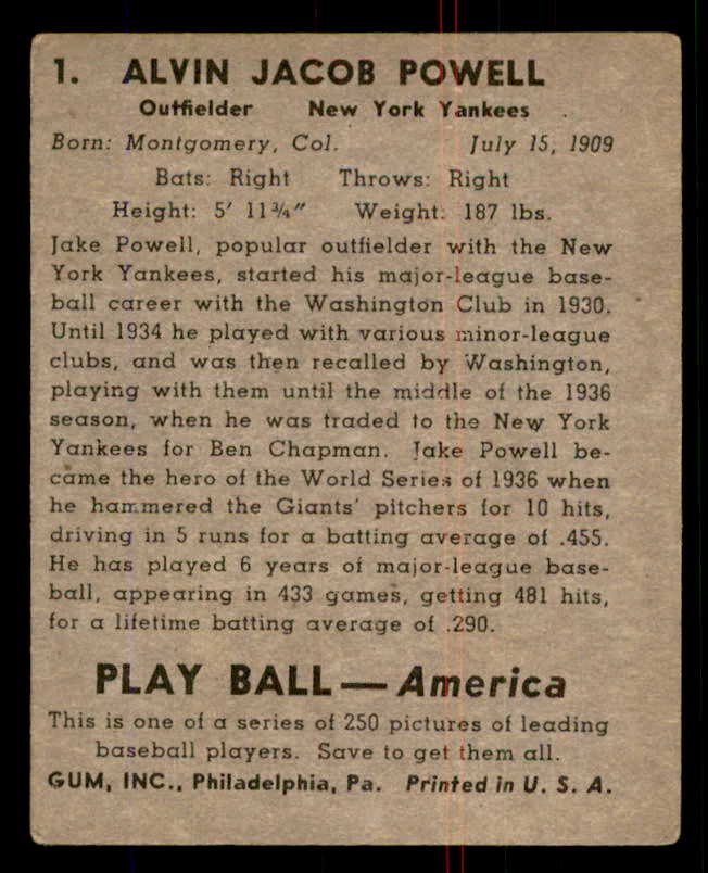 1939 Play Ball #001 Jake Powell Yankees VG 558091