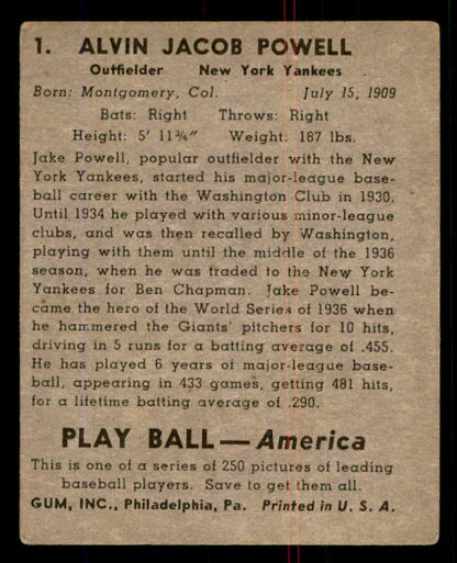 1939 Play Ball #001 Jake Powell Yankees VG 558091