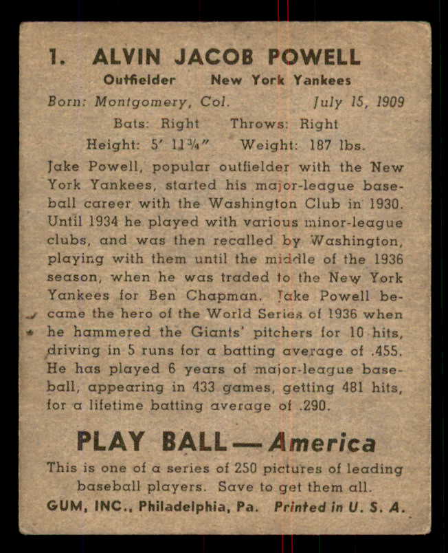 1939 Play Ball #001 Jake Powell Yankees PR-FR 558092