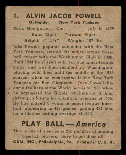 1939 Play Ball #001 Jake Powell Yankees PR-FR 558092