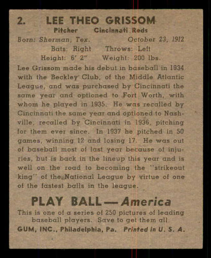 1939 Play Ball #002 Lee Grissom Reds EX-MT 558093