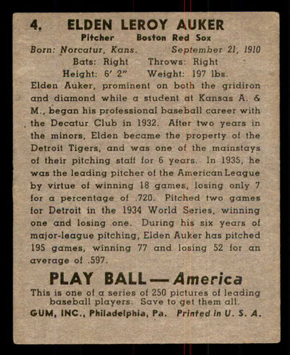 1939 Play Ball #004 Elden Auker Red Sox VG-EX 558100
