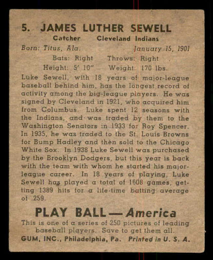 1939 Play Ball #005 Luke Sewell Indians EX 558101