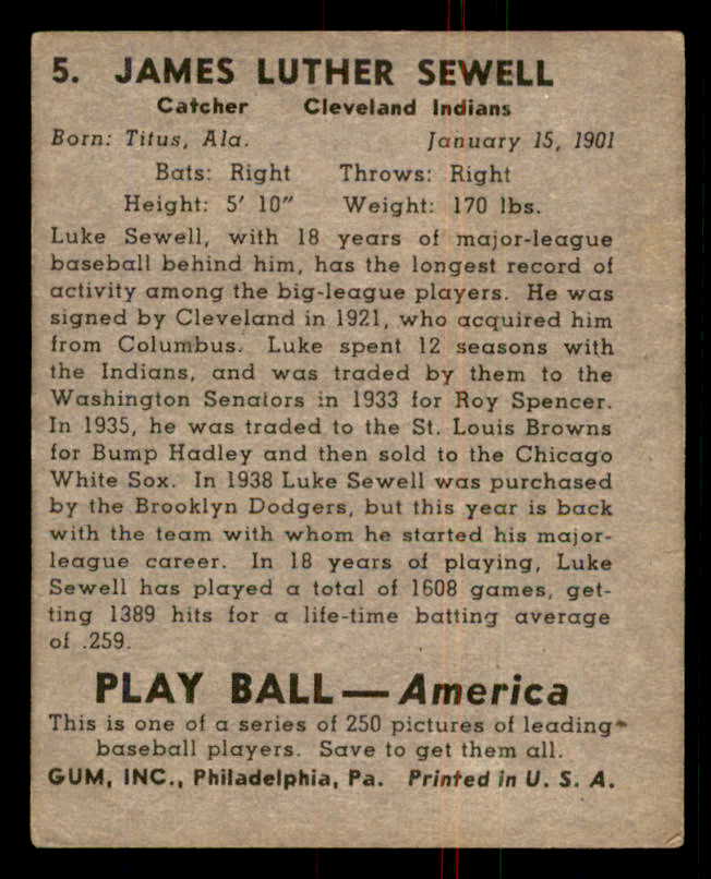 1939 Play Ball #005 Luke Sewell Indians VG-EX 558102