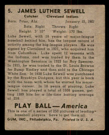 1939 Play Ball #005 Luke Sewell Indians VG-EX 558102