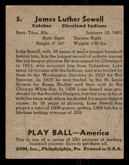 1939 Play Ball #005 Luke Sewell Indians Good 558103
