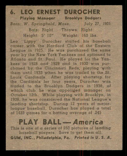 1939 Play Ball #006 Leo Durocher Dodgers EX 558104