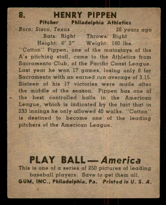 1939 Play Ball #008 Cotton Pippen A's VG-EX 558108