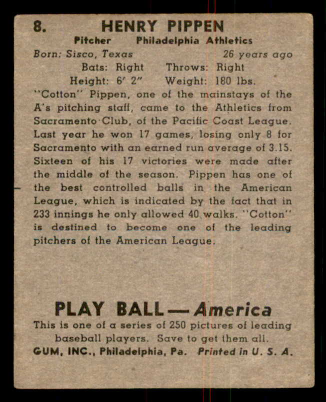 1939 Play Ball #008 Cotton Pippen A's VG-EX 558109