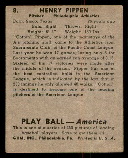 1939 Play Ball #008 Cotton Pippen A's VG-EX 558109