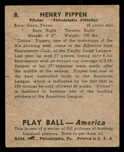 1939 Play Ball #008 Cotton Pippen A's VG 558110