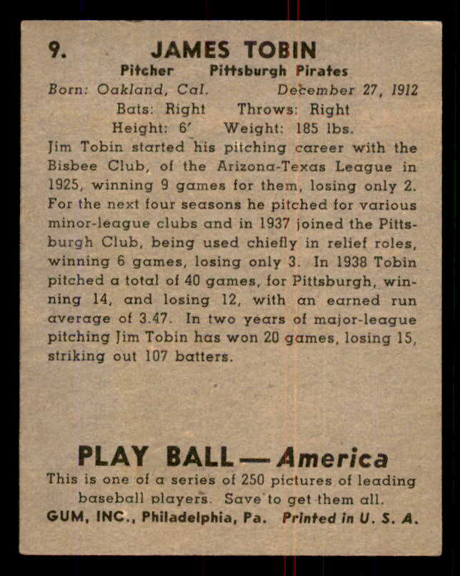 1939 Play Ball #009 Jim Tobin Pirates Good 558113