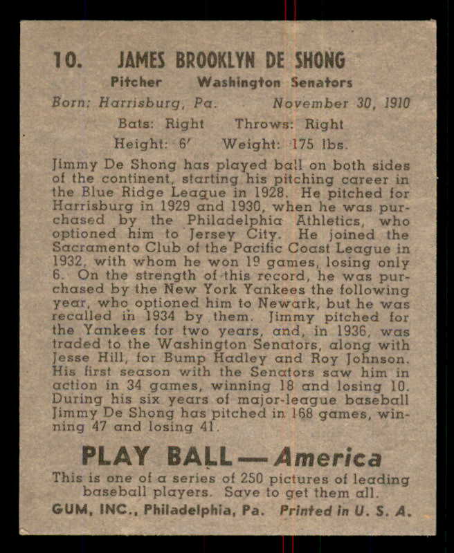 1939 Play Ball #010 Jimmy Deshong Senators EX-MT 558114