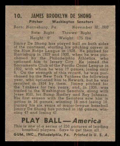 1939 Play Ball #010 Jimmy Deshong Senators EX-MT 558114