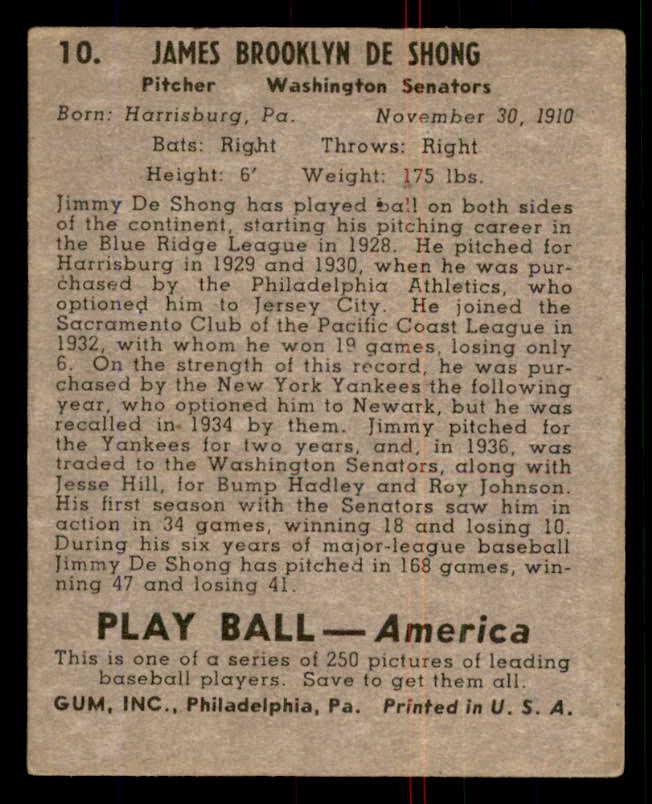 1939 Play Ball #010 Jimmy Deshong Senators VG-EX 558115