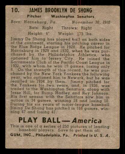 1939 Play Ball #010 Jimmy Deshong Senators VG-EX 558115