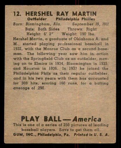 1939 Play Ball #012 Hershel Martin Phillies Good 558121