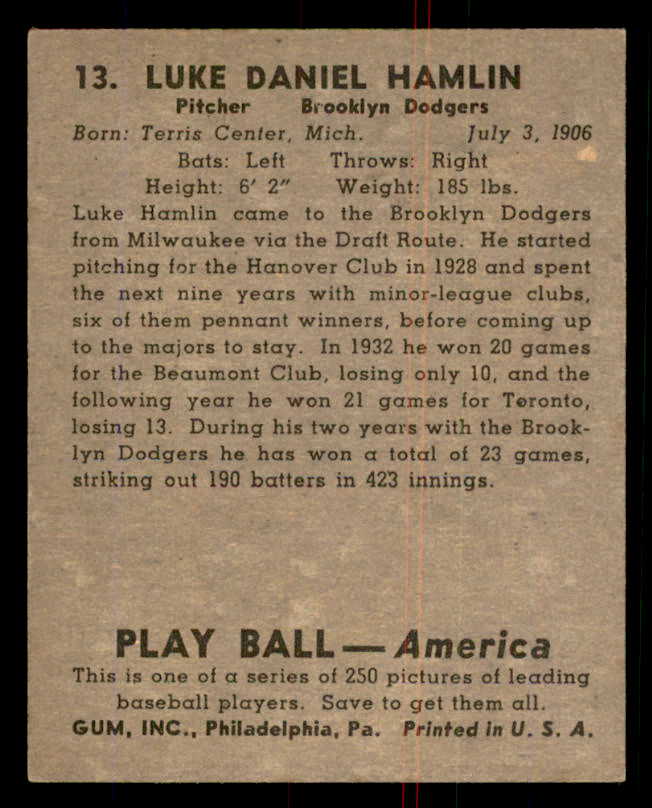 1939 Play Ball #013 Luke Hamlin Dodgers EX-MT 558122