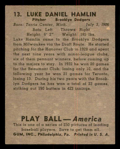 1939 Play Ball #013 Luke Hamlin Dodgers EX-MT 558122