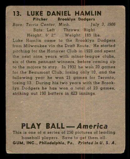 1939 Play Ball #013 Luke Hamlin Dodgers GD-VG 558123